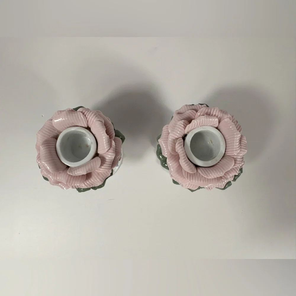 Vintage Porcelain Tapered Candle Holders with Pink and Blue Roses.  3”T x 2.25”W